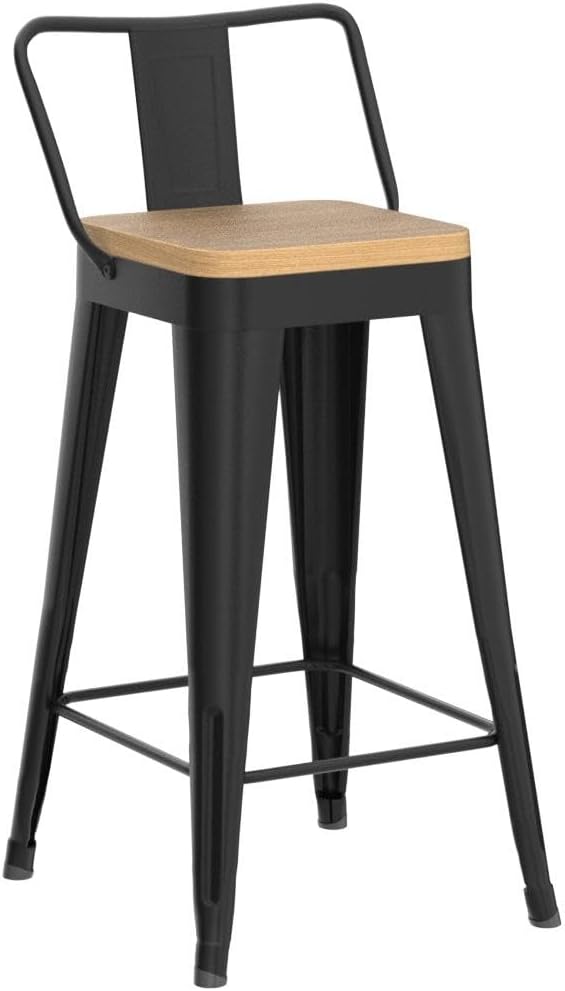 WENTMENT Metal Bar Stools Set of 4 Counter Height Barstools with Removable Back 24" Kitchen Bar Stools with Wooden Seat, Black WENTMENT