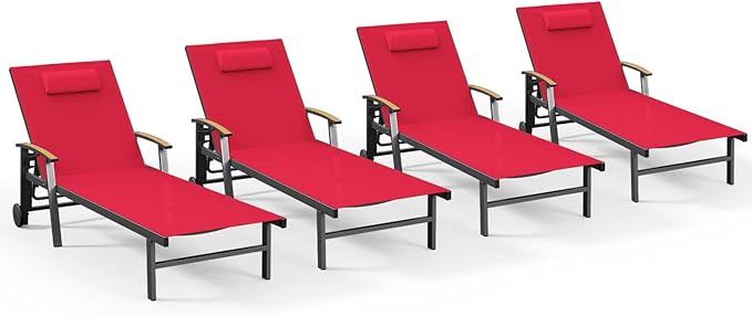 Ciokea Outdoor Lounge Chair with Pillow Set of 4, 5-Position Chaise Lounge with Wheels & Armrests, 400 lbs Heavy Duty Aluminum Pool Lounge Chairs, for Beach, Deck, Poolside & Backyard, Red CIOKEA