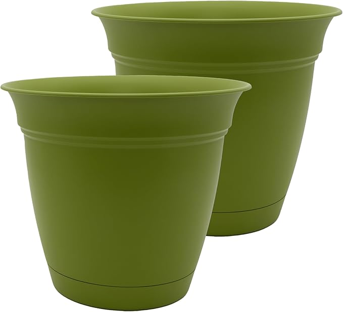 The HC Companies 12 Inch Eclipse Round Planter Pots with Drainage Holes & Attached Saucer, Lightweight UV-Resistant Plastic Indoor Outdoor Planters, 2-Pack Flower Pots for Garden & Home Decor, Peridot TheHCCompanies