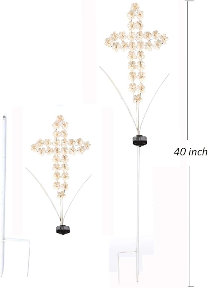 White Cross Garden Stake Solar Lights Metal Hydrangea Cross Stake Memorial Gift w/ 28 LEDs Perfect Sympathy Gifts (10" W x 40" H) WSgift