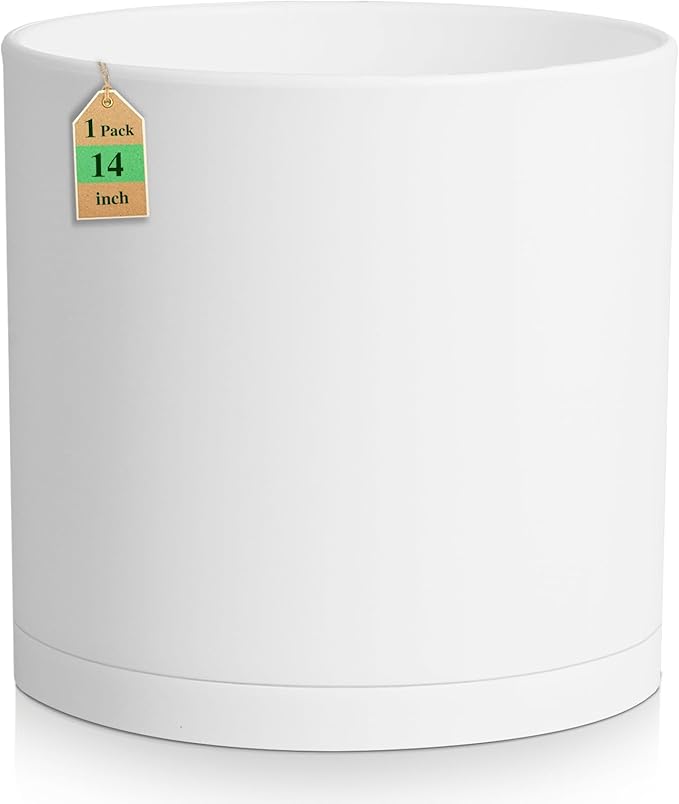 14 Inch Heavy-Duty Cylinder Deep Planter for Indoor Outdoor Plants, Tall Large Plastic Plant Pot with Drainage Holes and Saucer, Decorative Flower Pot for Patio Garden, White WSMKSZ