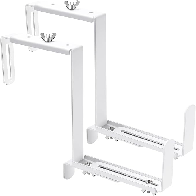 Planter Box Brackets, Adjustable Flower Box Brackets for Deck Railing, 2 Pack No Drill Window Box Bracket for Outdoor Planters-White VIVIKEN