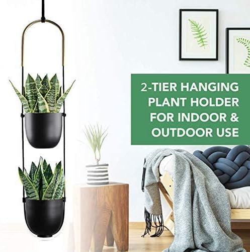 Modern Metal Hanging Planter for Indoor Outdoor Plants with Hook 2 Tier Boho Wall and Ceiling Flower Pots Baskets Holder Home Office Decor(Black) ABETREE