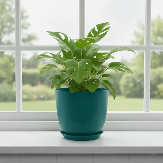 Plant Pots 8 Inch Set of 6, Flower Pots with Drainage Holes and Saucer, Plastic Garden Planters for Indoor & Outdoor Plants (Deep Green) Vanslogreen