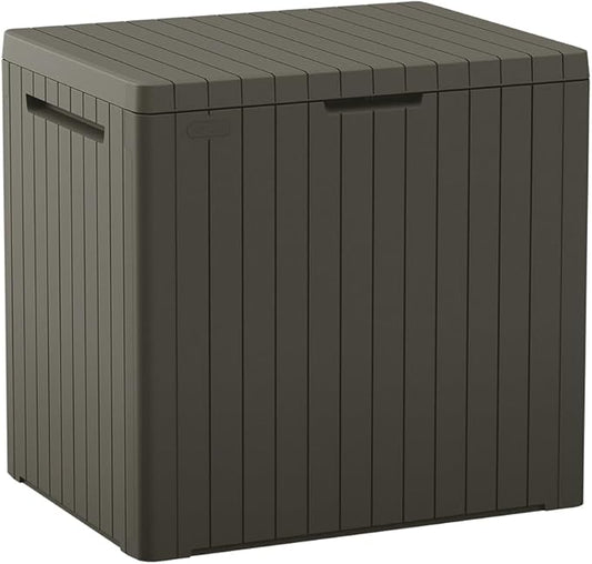 Keter City 30 Gallon Resin Outdoor Storage Box & Patio Side Table for Balcony, Pool, Deck & Garden Accessories, Weather‑Resistant, Mossy Brown Keter