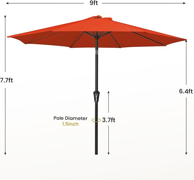 MEWAY 9ft Patio Umbrella Outdoor Table Umbrellas with Push Tilt and Crank, Market Umbrella 8 Sturdy Ribs for Deck, Garden, Pool and Backyard, Red Orange MEWAY