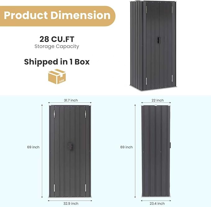 Greesum Outdoor Metal Storage Cabinet, 69'' Lockable Tall Shed, Vertical Tool Organizer with 2 Adjustable Shelves, for Garage, Patio, Backyard, Home & Lawn, Black BuynowfromGreesum
