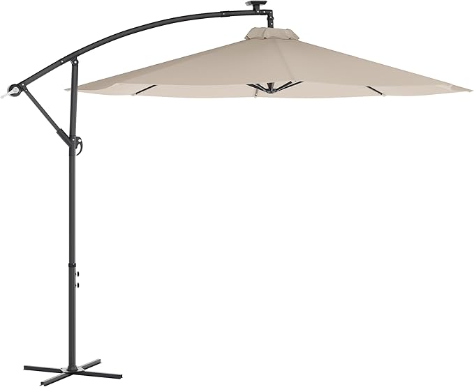Flash Furniture Sedona Round Solar Cantilever Umbrella, Commercial Grade with Built in Cross Base, Crank and Tilt, 32 LED Lights, 6 Hour Run Time, 10 FT, Tan FlashFurniture