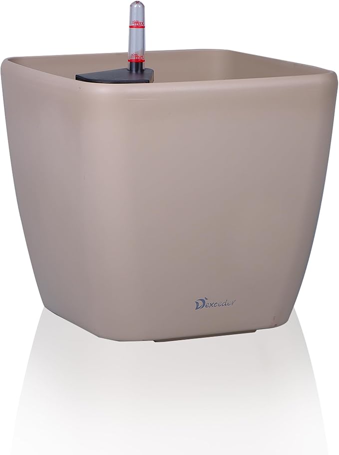 Dexceder 11x10 Self Watering Planter Indoor Outdoor, Inner Mat Design, Thickened Table Flower Plant Pot with Water Level Indicator (Taupe Matte) Dexceder