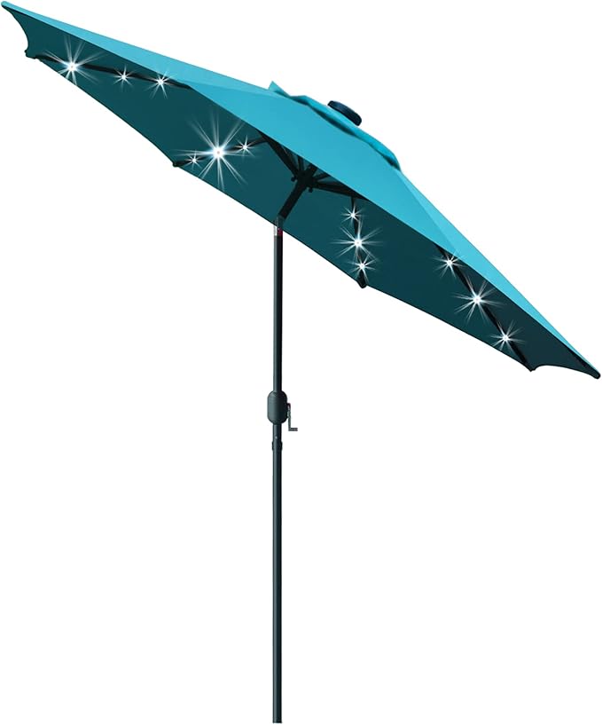 Sunnyglade 9' Solar LED Lighted Patio Umbrella with 8 Ribs/Tilt Adjustment and Crank Lift System (Teal Blue) Sunnyglade