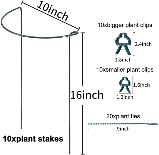 TCBWFY 10 Pack Garden Plant Support Stakes,10" Widex16 High Heavy Duty Interlinked Half Round Peony Support Ring Cage for Indoor Outdoor Plants,Plant Supports for Peony,Tomato,Hydrangea,Rose TCBWFY