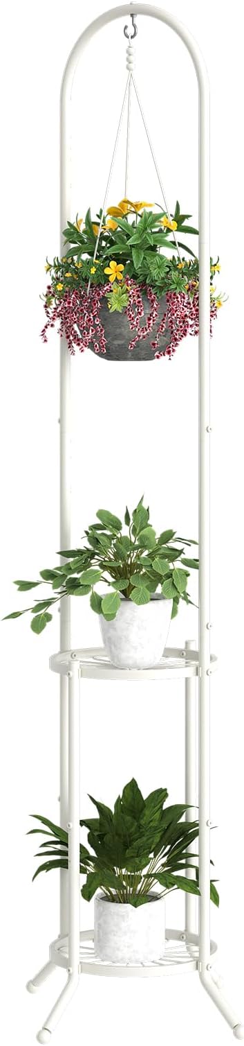 BMOSU Plant Stand with Hooks Indoor Outdoor Corner Tall Plant Stand Heavy-Duty Metal 3-Tier Plant Shelf Holder Rack for Patio Garden Balcony Living Room Bedroom(circular White) BMOSU
