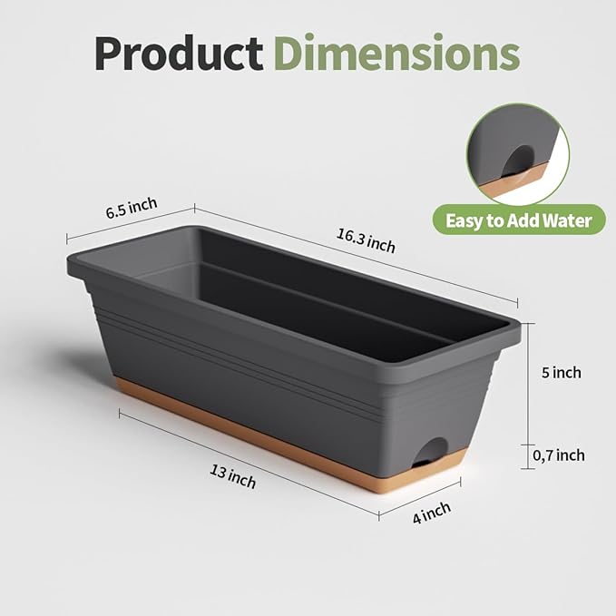 Window Box Planter, 6 Pack Plastic Vegetable Flower Window Planters Boxes 16 Inches Rectangular Flower Pots with Drainage Holes and Saucers (Mixcolor) LesOasis