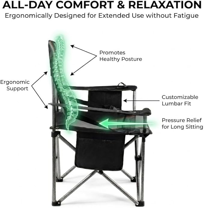 FAIR WIND Heavy Duty Camping Chair, Oversized Padded Folding Chair for Big and Tall (450lbs), Extra Wide Seat with Integrated Cooler & Storage Pocket, Adjustable Lumbar Support for Outdoor FAIRWINDOutdoorEquipment