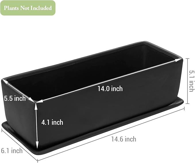 MyGift 14 Inch Ceramic Indoor Plant Pot, Rectangular Succulent Planter, Decorative Flower Planter with Drainage Hole and Removable Tray, Matte Black MyGiftHome