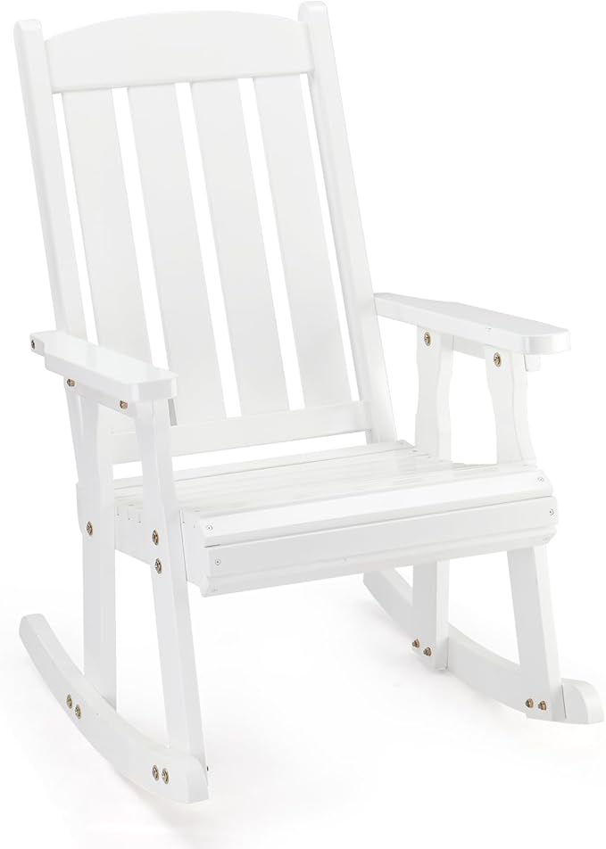 VINGLI Heavy Duty 600 LBS Outdoor Wooden Rocking Chair with Higher Backrest,Patio Rocking Chair with Ergonomic Design, Weatherproof Outdoor Rockers Suit for Patio, Garden, Balcony, Yard, White VINGLI