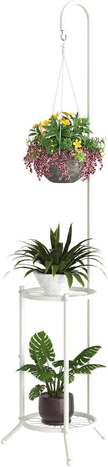 Plant Stand with Hooks Indoor Outdoor Corner Tall Plant Stand Heavy-Duty Metal 3-Tier Plant Shelf Holder Rack for Patio Garden Balcony Living Room Bedroom(semicircular White) BMOSU