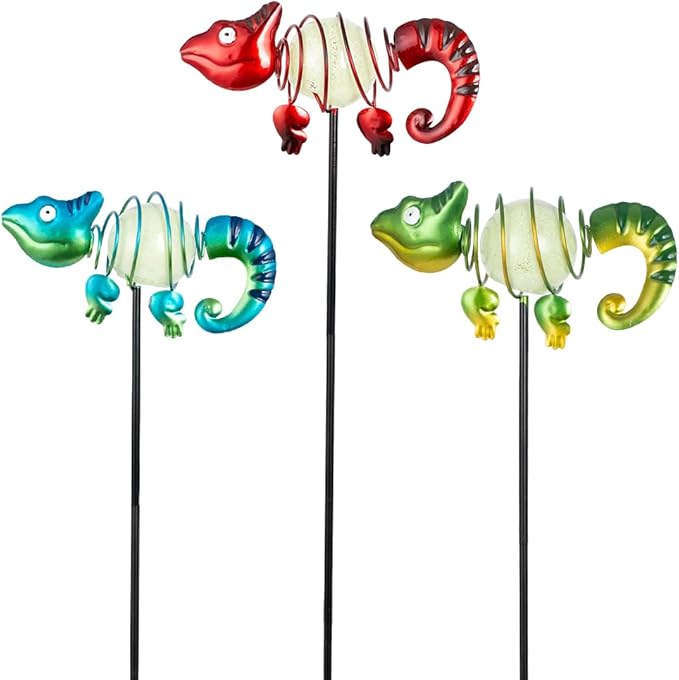 3 Pack Garden Stakes Decorative,Cute Chameleons Glow in The Dark Metal Garden Decor,Waterproof Metal Yard Art Decor for Outside,Funny Present for Mom Women Grandma SATHGA