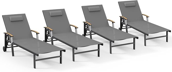 Ciokea Outdoor Lounge Chair with Pillow Set of 4, 5-Position Chaise Lounge with Wheels & Armrests, 400 lbs Heavy Duty Aluminum Pool Lounge Chairs, for Beach, Deck, Poolside & Backyard, Grey CIOKEA