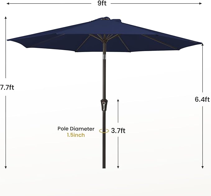 MEWAY 9ft Patio Umbrella Outdoor Table Umbrellas with Push Button Tilt and Crank, Market Umbrella 8 Sturdy Ribs for Deck, Garden, Pool and Backyard, Navy MEWAY