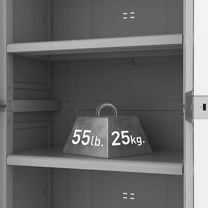 Keter Storage Cabinet with Doors and Shelves for Laundry Room, Garage, Bathroom Accessories, Closet and Home Organization, White & Grey Keter