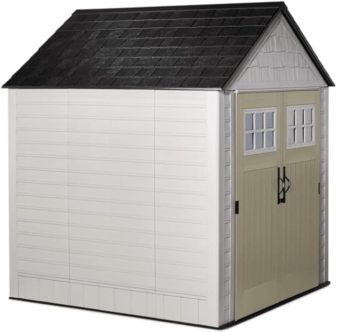 Rubbermaid 7 Foot by 7 Foot Weatherproof Outdoor Storage Shed for Garden Tools and Lawn Machinery Organization with Lockable Double Door Sandstone Rubbermaid