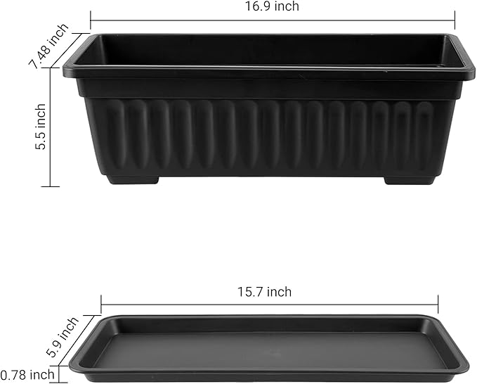 GREANER Rectangle Planters for Indoor Plants, 3 Pack Long Outdoor Plastic Flower Boxes Vegetable Growing Pots 16.9x7.48 Inch with Tray for Garden Balcony Windowsill House DIY - Black GREANER