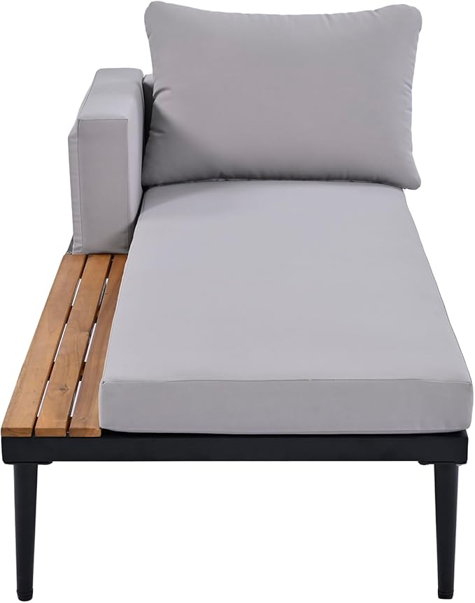 Outdoor Double Metal Daybed, with Wood Topped Side for Drinks, 2 in 1 Padded Sun Lounger with Cushions & Pillows, Patio Chaise Lounge Chair for Poolside Lawn Garden, Gray RuiSiSi