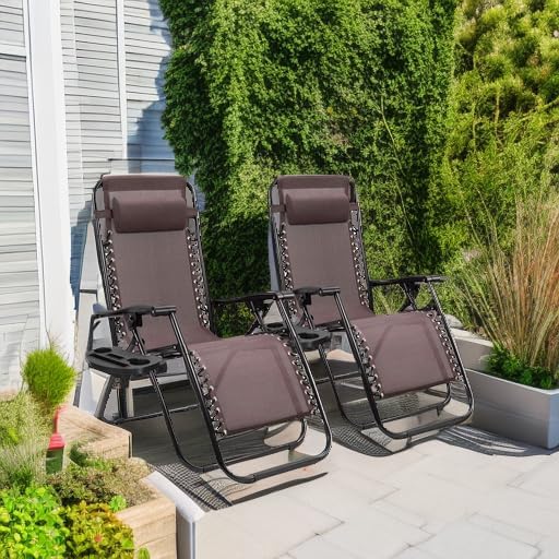 Homall Zero Gravity Patio Folding Lawn Chairs Outdoor Gravity Camp Reclining Lounge Chair with Pillows for Poolside Backyard and Beach Set of 2 (Brown) Homall