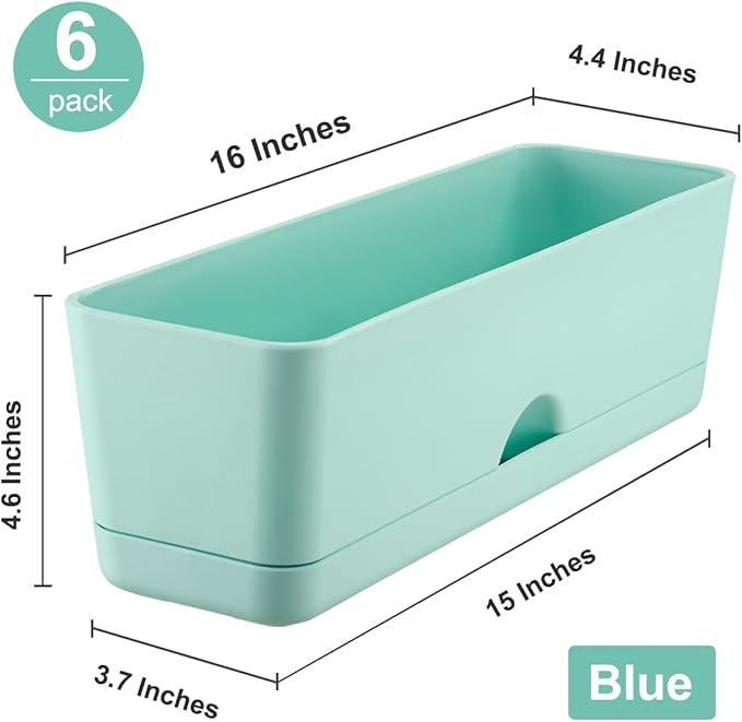 6 Pack Rectangle Planter 16x4.4 Inch Window Boxes Planters Rectangular Large Window Sill Planters Indoor Self Watering Plant Pots with Drainage Holes and Saucers Succulent Herb Flower Pots, Blue KvyusFlourish