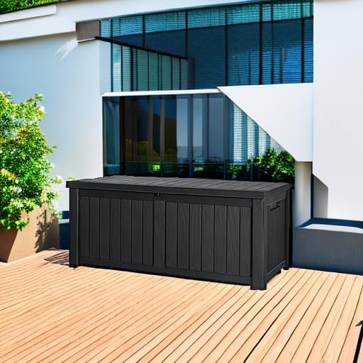 Devoko 120 Gallon Resin Deck Box Waterproof Indoor Outdoor Storage Box Lockable Large Storage Container for Patio Furniture Cushions and Garden Tools DEVOKO