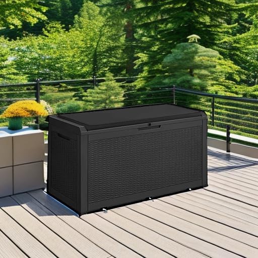 Devoko 100 Gallon Waterproof Large Resin Deck Box Outdoor Storage Box Indoor Lockable Storage Container with Cushion for Patio Furniture Garden Pool Cushions (Black) DEVOKO