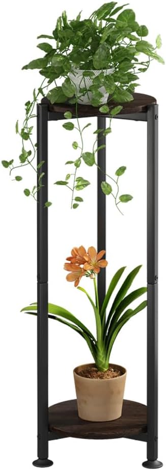 Plant Stand Indoor Outdoor 2 Tier Tall Metal Corner Storage Tiered Plant Shelf Holder Multiple for Living Room Balcony Garden,Black (2 Tier-Black Oak Round) YIZAIJIA
