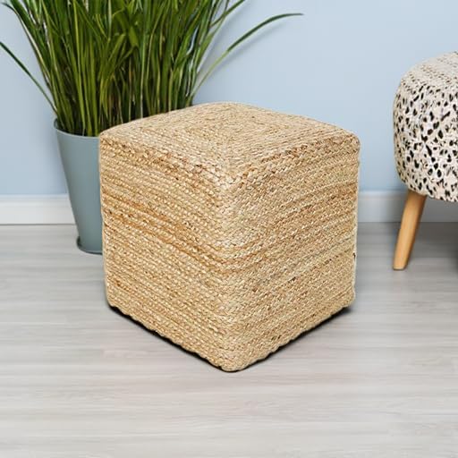 REDEARTH · Cube Pouf Foot Stool Ottoman - Jute Braided Pouffe Poof Accent Sitting Footrest for The Living Room, Bedroom, Nursery, Patio, Lounge & Other Rooms in The Home (14.5”X14.5”X16”; Natural) REDEARTH