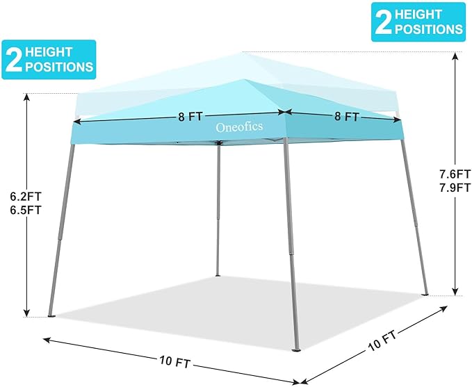 Canopy Tent, 10X10 FT Pop Up Canopy Outdoor Instant Tent Slant Legs with Carrying Bag, Portable Gazebo Shelter for Patio Deck Garden and Beach - 8X8 FT Canopy Cover (Cyan Blue) Oneofics