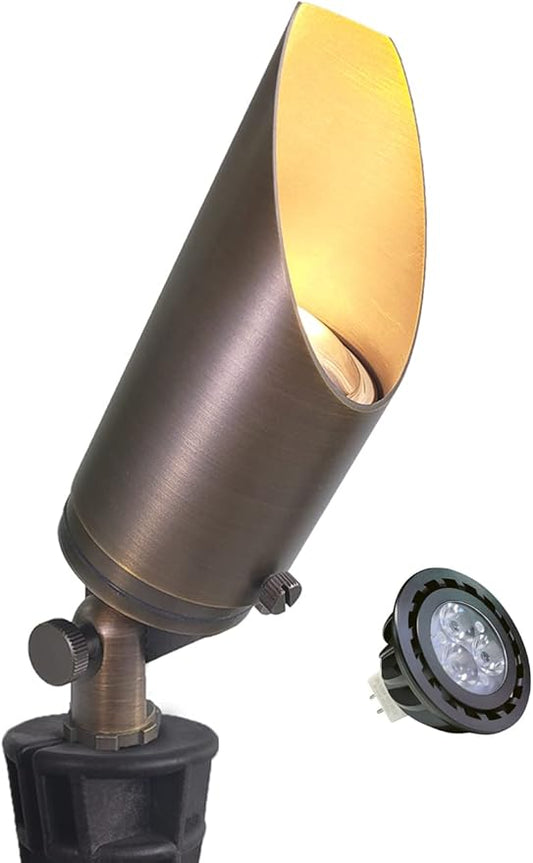 MALORY Brass Landscape Spotlight 1-Pack with 5W LED MR16 Bulb Kit(S03), 12V AC/DC Low Voltage Outdoor Landscape Lighting Shroud Adjustable,Ground Stake and Wire Connector Included,2700K Warm White MALORY