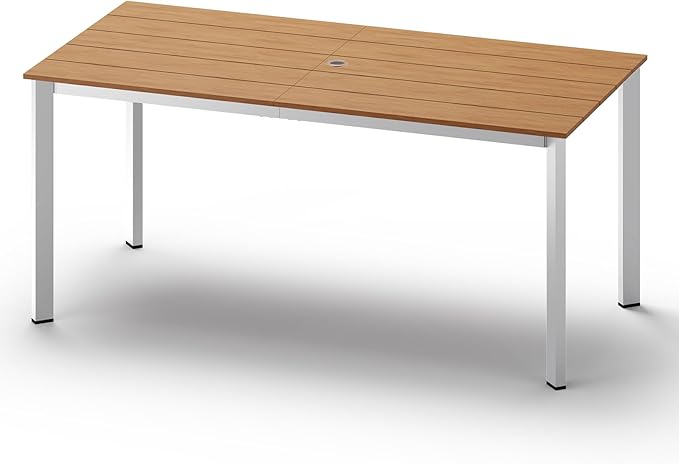 Outdoor Patio Dining Table, Aluminum & HDPS Outdoor Table with Umbrella Hole, All-Weather for Deck, Garden, Lawn, Backyard, Poolside (White & Teak) ComfCove