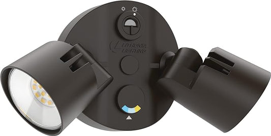 Lithonia Lighting HomeGuard 2-Light LED Outdoor Flood Lights, Outdoor LED Lights, Dusk to Dawn Sensor, Adjustable Lumens, Selectable Color, Round Heads, Dark Bronze (HGX LED 2RH ALO SWW2 120 PE DDB) AcuityBrands