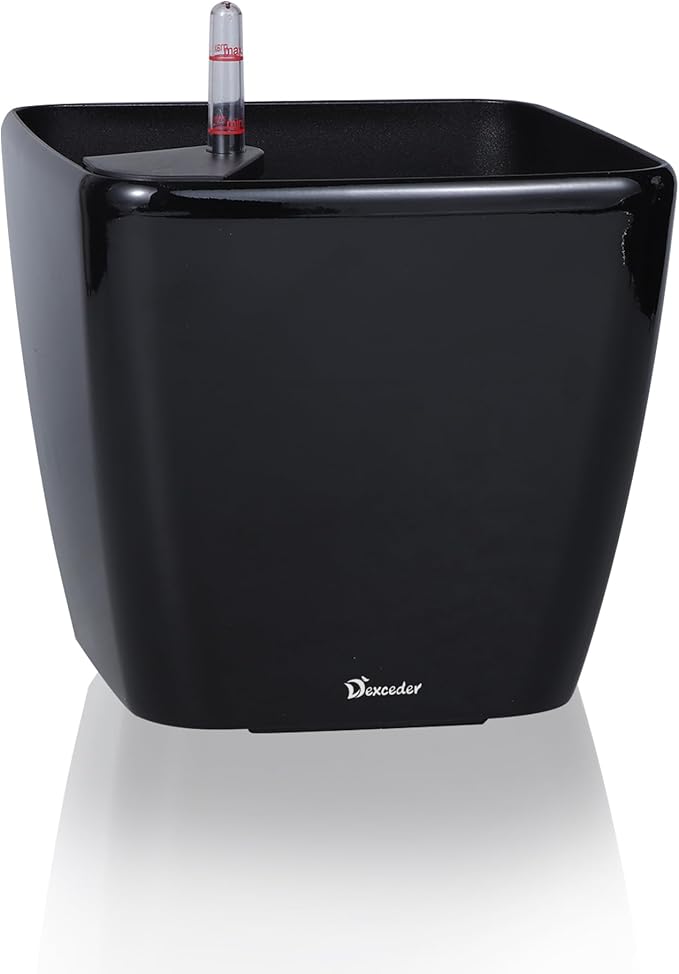 Dexceder 11x10 Self Watering Planter Indoor Outdoor, Inner Mat Design, Thickened Table Flower Plant Pot with Water Level Indicator (Black High Gloss) Dexceder