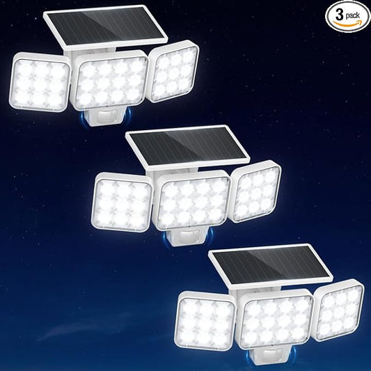 WdtPro Motion Sensor Outdoor Lights 3 Pack,3500LM Bright Solar Lights Outdoor Flood Light, Upgrade Glass Panel, LED Solar Powered Security Light Spotlights Waterproof for Outside Yard-White WdtPro