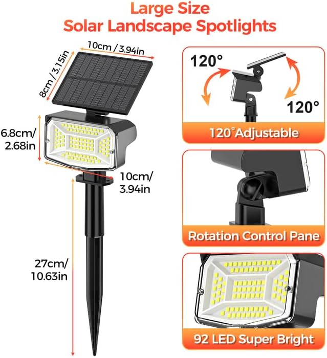 Solar Spot Lights Outdoor, 92 LEDs Landscape Lighting with 3 Lighting Modes and Auto On/Off, IP67 Waterproof Spotlights, Outdoor Solar Lights for Yard Garden, 8 Pack (Cool White) FratinkSolarLights