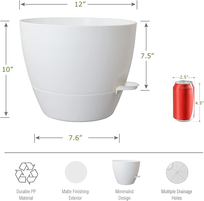 12inch 2Pack Large Self Watering Planters, Plastic Plant Pots with 60oZ Removable Deep Reservoir and Multi Mesh Drainage Holes for Indoor Outdoor Garden Plants and Flowers, White UOUZ