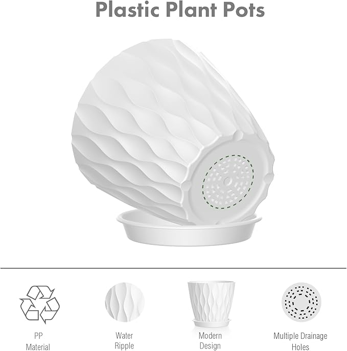 6 inch Flower Pots, 5 Pack Plant Pots for Indoor Outdoor Plants, Water Ripples Plastic Planters with Drainage Holes and Saucers, Nursery Pots for Small Succulent Garden House Plants, White Meowell
