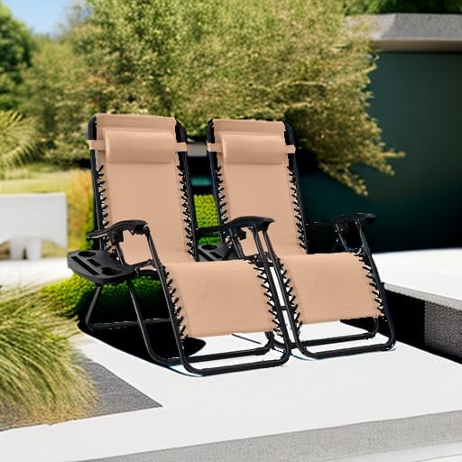 Best Choice Products Set of 2 Adjustable Steel Mesh Zero Gravity Lounge Chair Recliners w/Pillows and Cup Holder Trays - Beige BestChoiceProducts