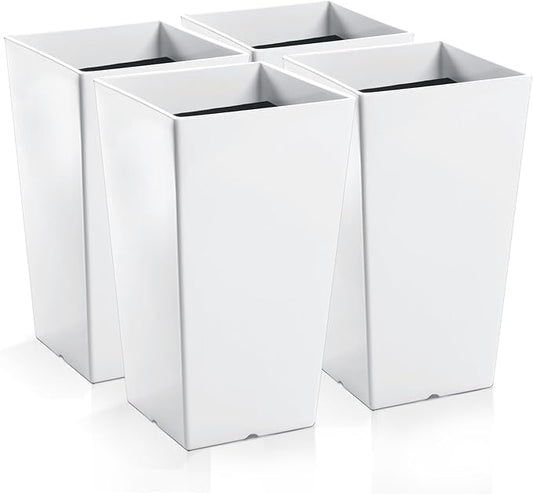 Hushee Set of 4 Tall Outdoor Planters 21 Inch Tall Tapered Square Planter with Drainage Hole Large Flower Tree Plant Pot Resin Flower Pots for Front Porch Door Garden Patio Indoor Hushee
