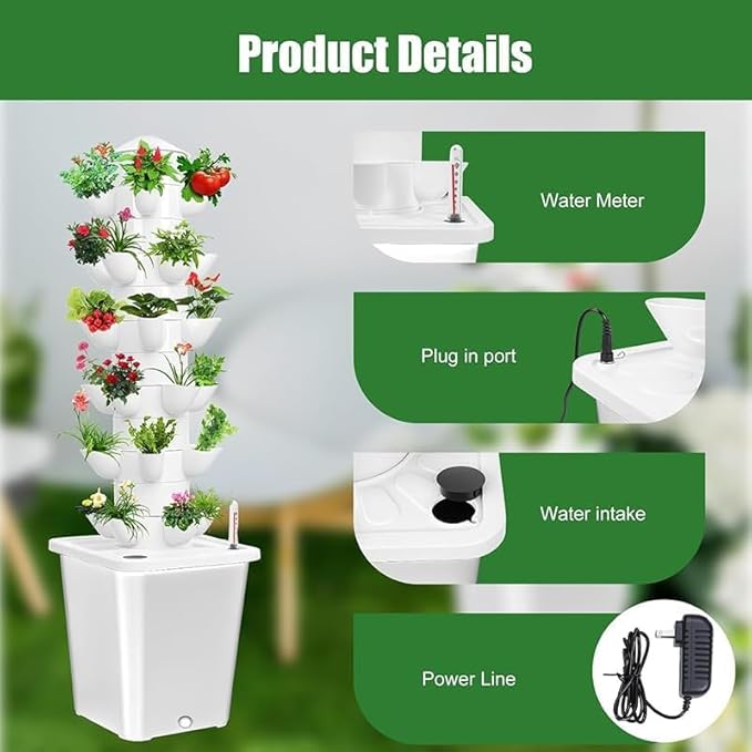 Vertical Hydroponic Tower Garden Growing System - Indoor Planter Kit with 30 Pods, Aeroponic-Style Tower for Herbs, Vegetables, Lettuce & Strawberries, Home Countertop Grow System, White Rootora