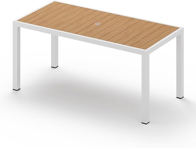 67" HDPS Outdoor Patio Dining Table, Aluminum-Edged Outdoor Dining Table with Umbrella Hole, Weather-Resistant for Lawn, Garden, Poolside and Indoor Use, White & Teak Vexwalx
