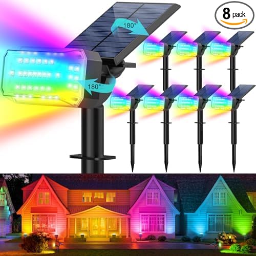 Solar Spot Lights Outdoor Waterproof IP65,[49 LEDs/8 Pack] RGB Halloween 7 Modes Christmas Color Changing Solar Spotlights, Adjustable Multicolor Landscape Flood Lights for Yard Garden Pathway KIPEINI
