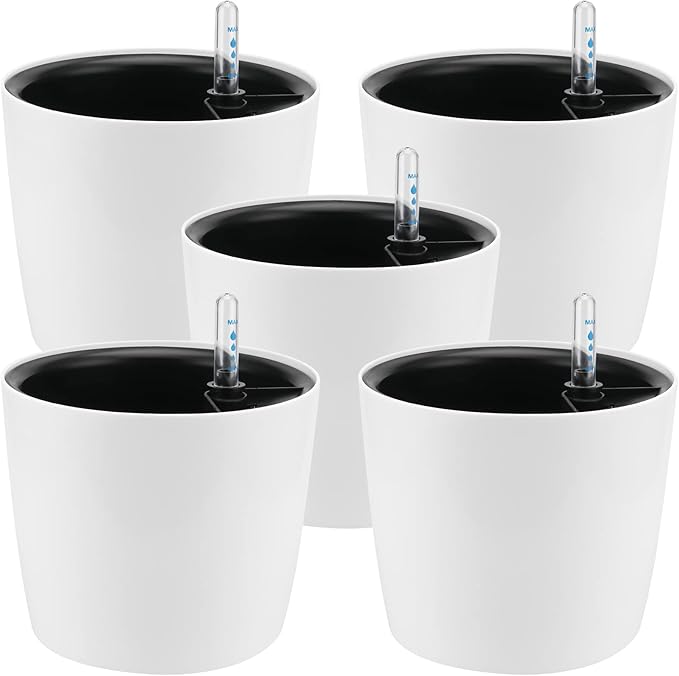 5 Pack 7 Inch Self Watering Planter for Indoor Plants, White Decorative Round Plastic Self Watering Pots with Level Indicators for Soil Planting, Flowers, Herb, African Violet, Succulent HEIHAK