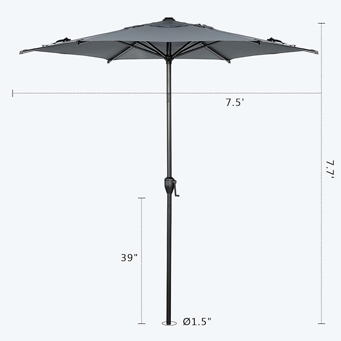 Abba Patio 7.5FT Lyon Outdoor Patio Umbrella Outdoor Table Umbrella with Push Button Tilt and Crank Market Umbrella 6 Sturdy Ribs UV Protection Waterproof for Garden Deck Backyard Pool Grey AbbaPatio